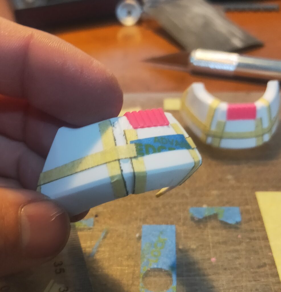 bandai mg qubeley - customization - masking on waist armor for panel line scribing